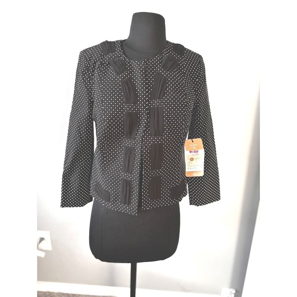 Cabi‎ Polka Dot Cropped Jacket Ruched Trim Career Party Black White Size 4